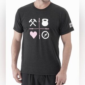 Barbells for Boobs Qalo Unisex Tee shirt Men’s L shirt sleeves Gray & pink NWT